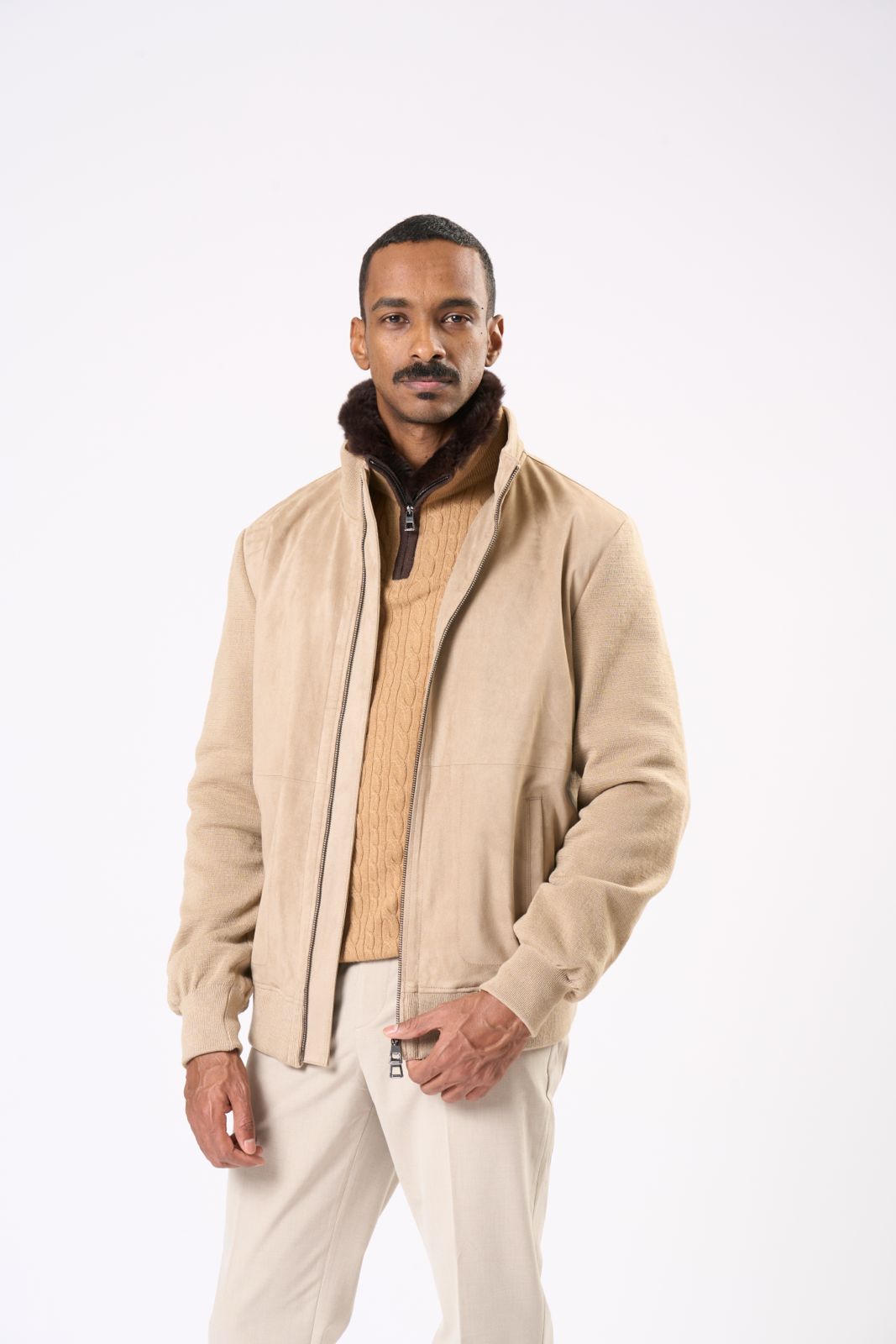 Suede Bomber Jacket in Beige