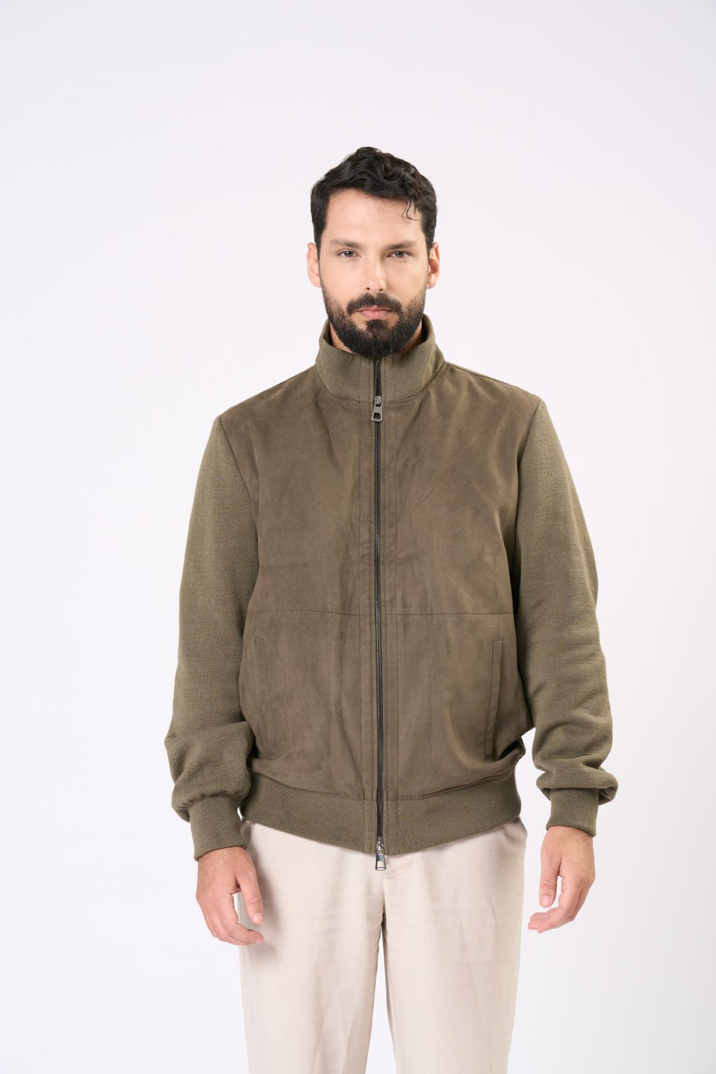 Suede Bomber Jacket in Olive